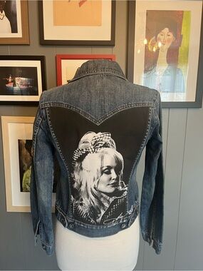 Dolly Parton Women’s Denim Jacket with Graphic Back Size Small - Gray & Blue